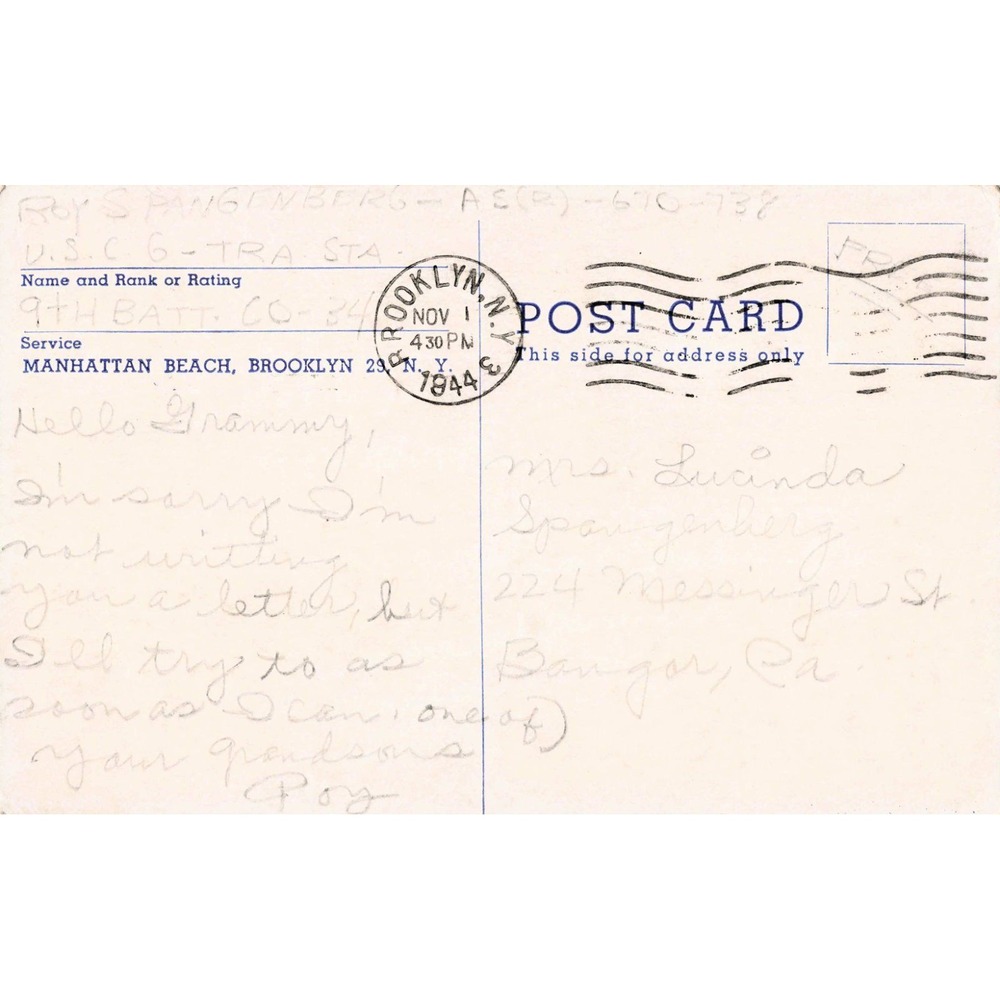 Vintage 1944 US Coast Guard Training Station Brooklyn NY Postcard WWII Blue Tone - Picture 2 of 2